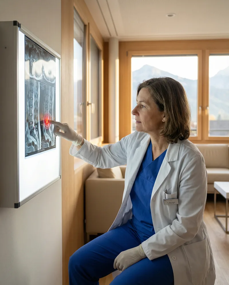 Wirbelsäulenspezialistin analysiert MRT-Aufnahme eines Bandscheibenvorfalls an der Lendenwirbelsäule