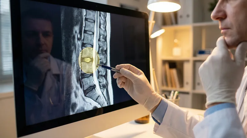 MRT-Bild der Lendenwirbelsäule auf einem Bildschirm zur sorgfältigen Beurteilung von Warnzeichen