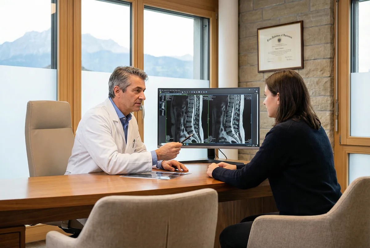 Wirbelsäulenchirurg berät Patientin anhand von MRT-Bildgebung vor einer möglichen Rückenoperation