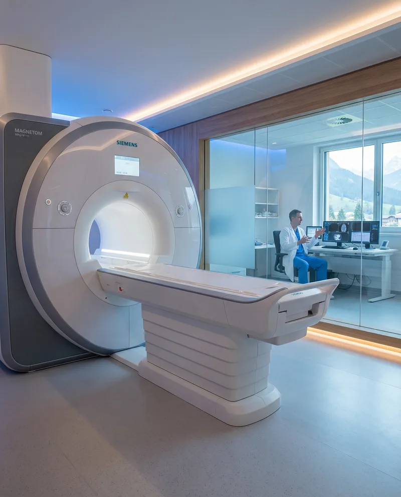 Modern MRI scanner for spinal diagnostics in a Swiss medical centre with radiologist in background