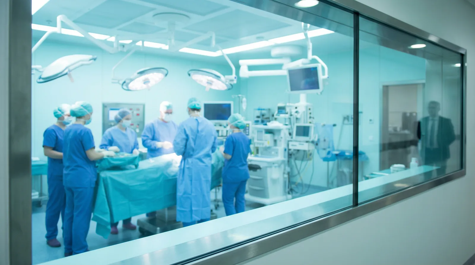 Wirbelsäulenchirurg blickt durch Operationsmikroskop bei minimalinvasiver Rückenoperation