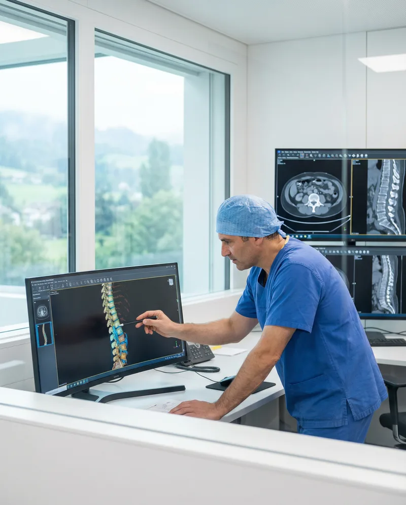 Spine surgeon planning operation using 3D spinal reconstruction on high-resolution medical screens