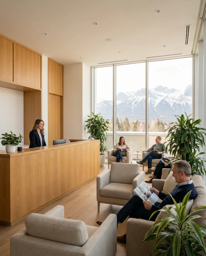 Moderner Empfangsbereich einer Schweizer Wirbelsäulenklinik mit Bergpanorama und freundlichem Personal